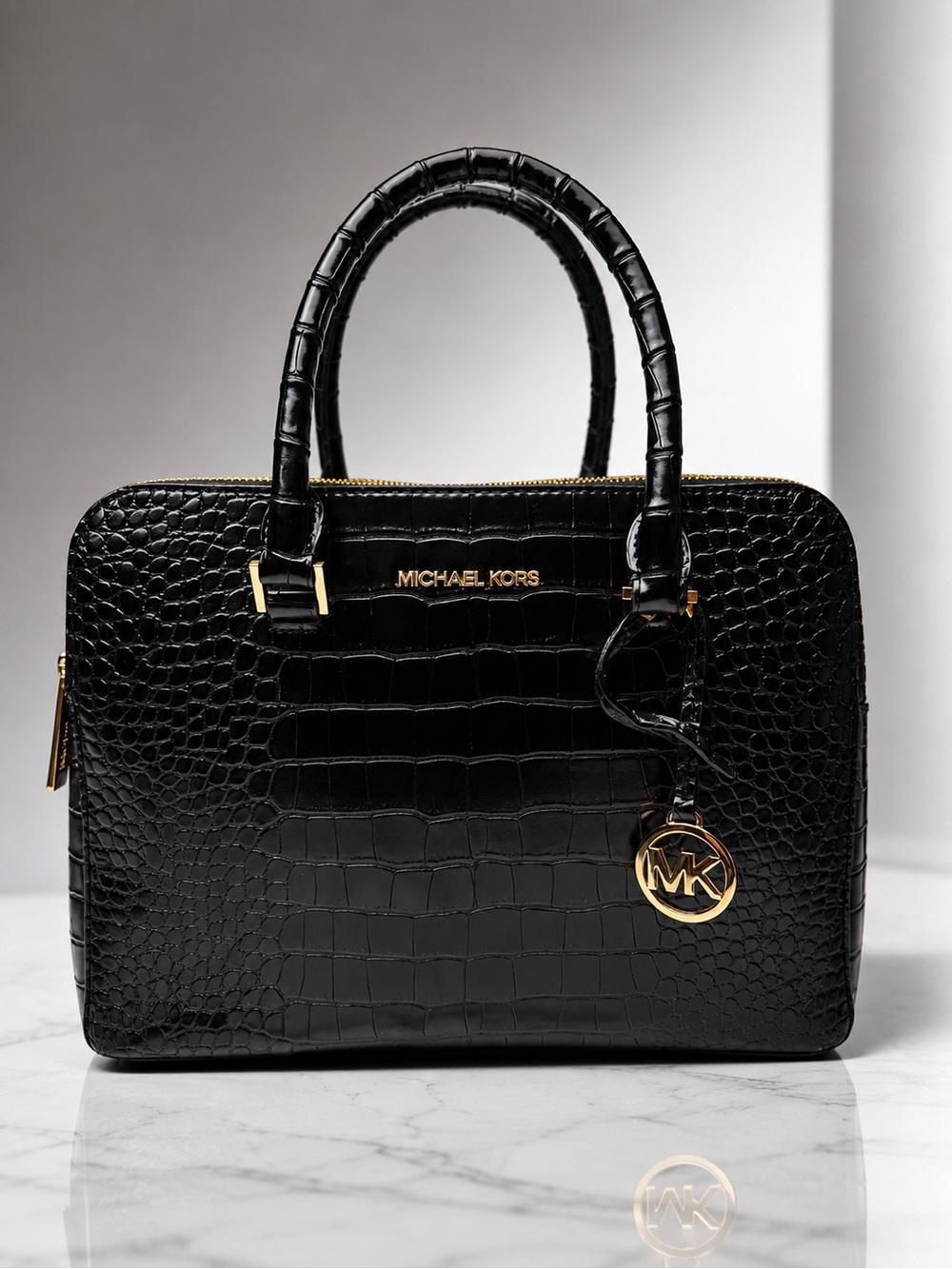 Michael Kors Black Croc Embossed Leather Satchel Handbag Purse Gold Tone 11.5x10